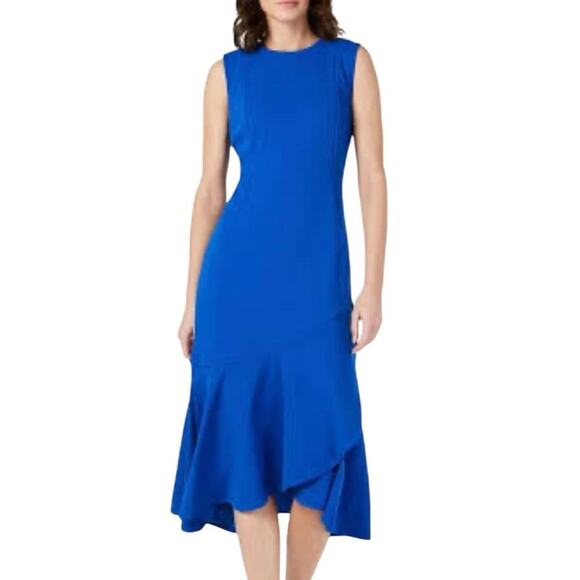 NWT Calvin Klein Midi Sheath Dress Size 4 Royal Blue Ruffle Hem Stretch Cocktail - Picture 3 of 16
